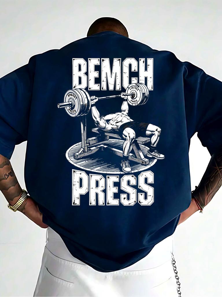 Mens Gym TShirt with Bench Press Weightlifting Graphic Heavy Duty Fitness Design Large Lettering Navy Blue Regular Fit Shirt