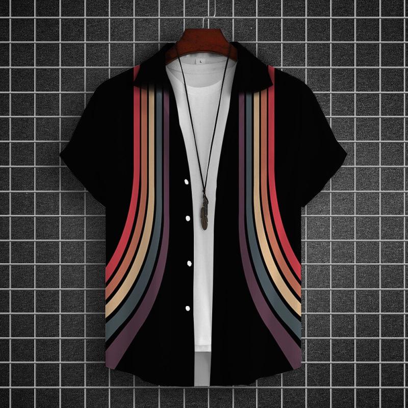 Summer new men's top striped D print men's cardigan lapel
