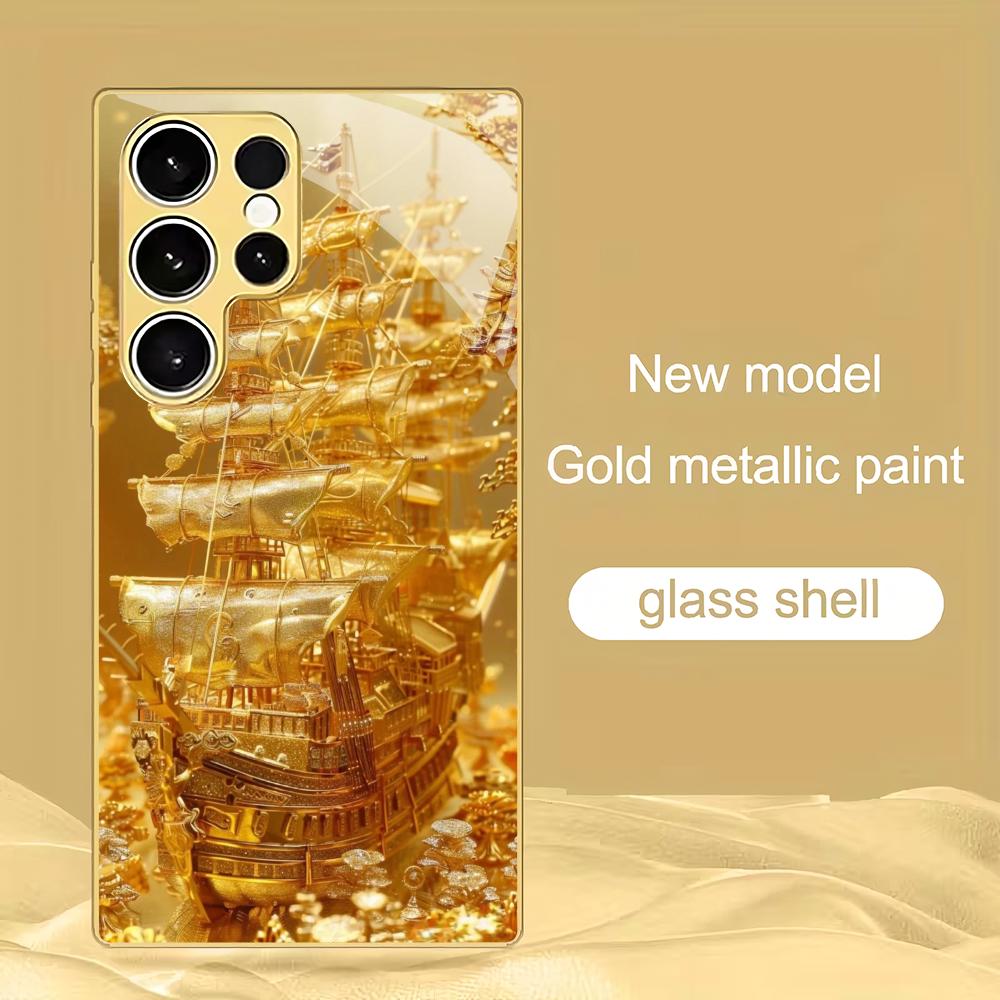 

Golden sailboat electroplated glass phone case suitable for Samsung Galaxy S26 S25 S24 S23 S22 S20 FE/Ultra/Plus anti fall GalaxyS24FE
