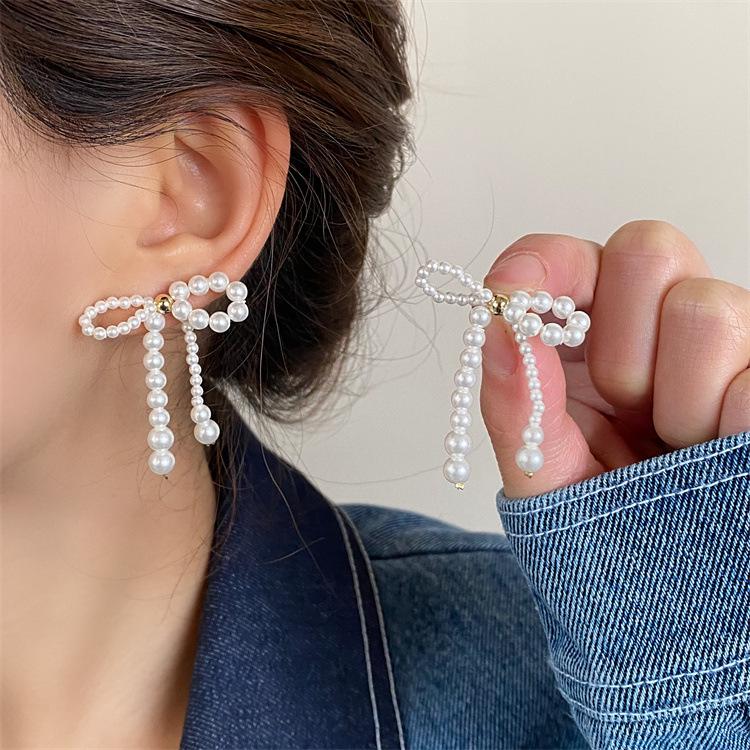 Elegant Pearl Bow Earrings for Women - Chic, Versatile, High-End Design