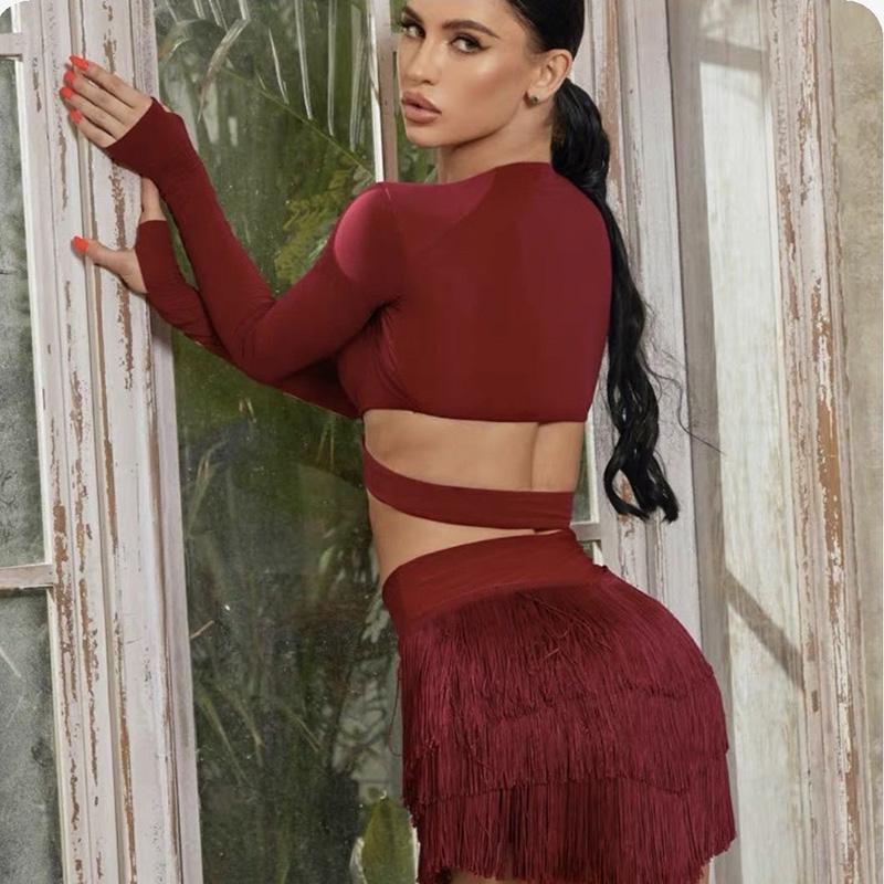 Women Latin Dance Skirt Adult Female Tango Cha Cha Latin Dance Professional Practice Skirt Sexy Three Layer Tassel V Half Skirt