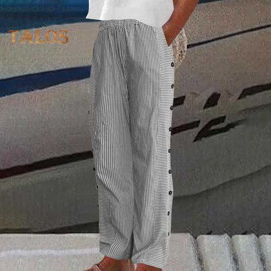 Women Casual Pants Elastic Waist Wide Leg Sweatpants with Pockets Stripe Print Side Button Up Loose Work Trousers