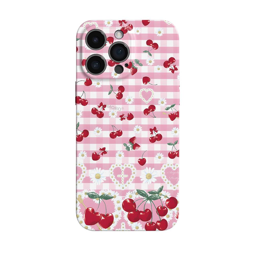 Korean Ins Sweet Girl Wind Pink Grid Cherry Mobile Phone Case Apple 17Pro Anti-drop All-inclusive Film Case iPhone14pm