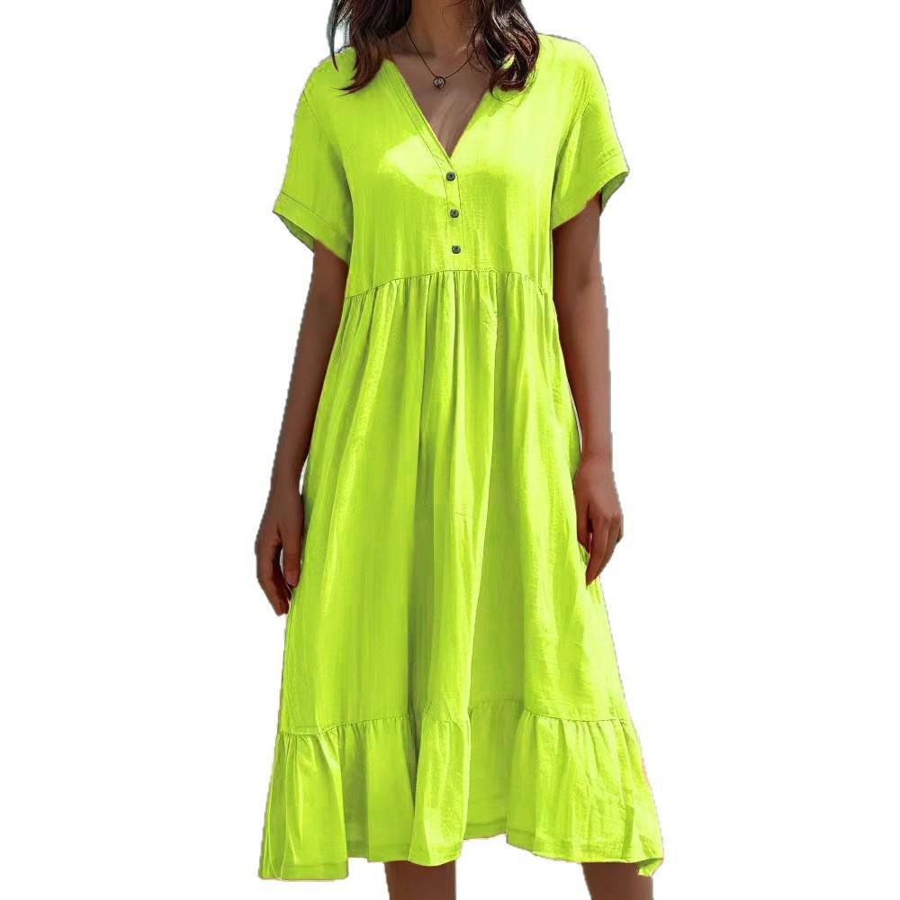 2026 Spring/Summer European & American Women's Solid Color Pleated Short Sleeve Dress