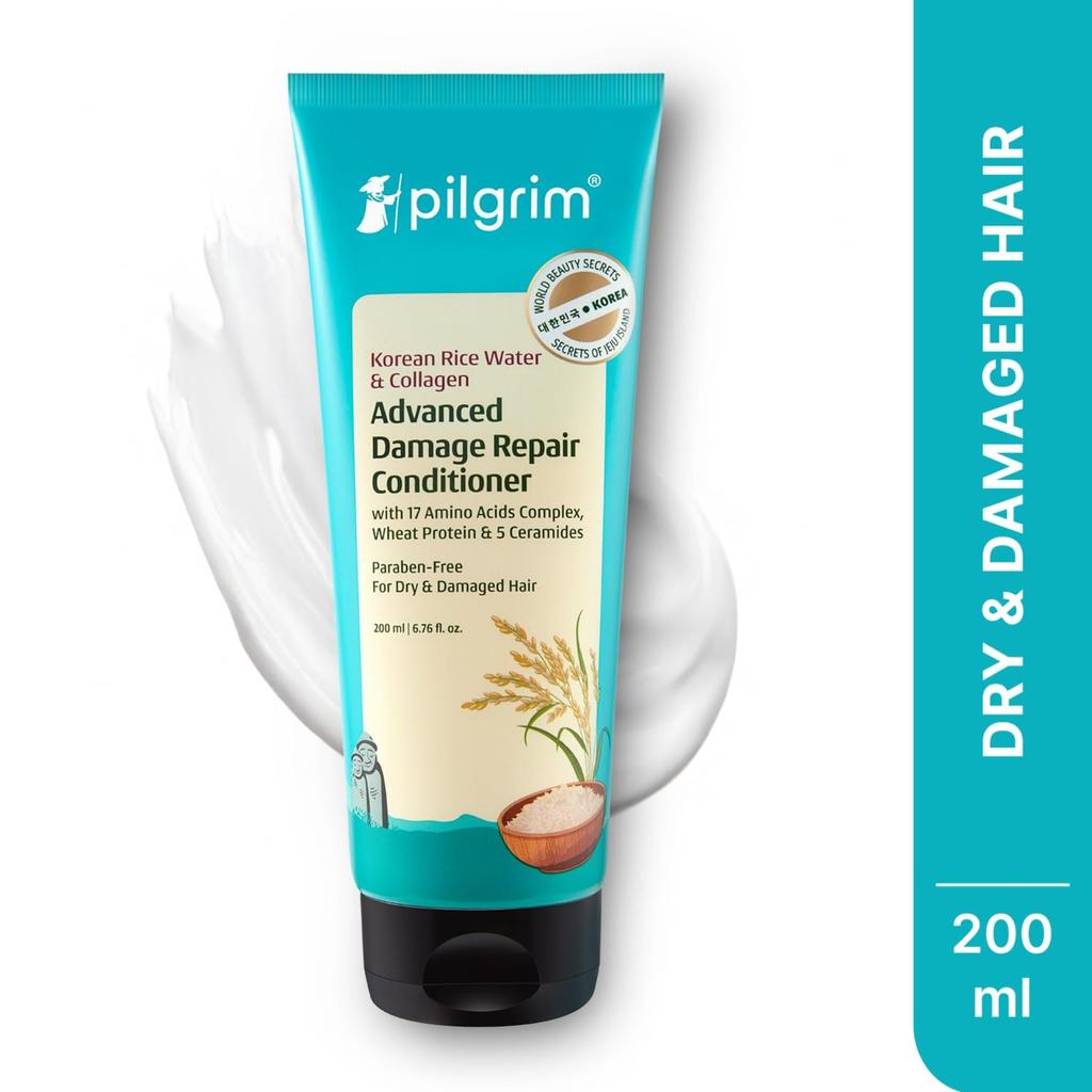 Pilgrim Korean Rice Water & Collagen Advanced Damage Repair Conditioner - 200ml | With 17 Amino Acids, Wheat Protein & Ceramides | Paraben-Free | D