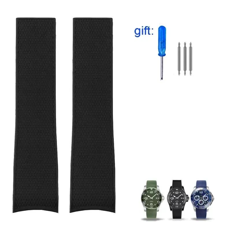 Curved End Rubber Watch Strap for Longines Conquest HydroConquest L3.781 642 742 782 Sports Diving Silicone Blue Watchbands 21mm