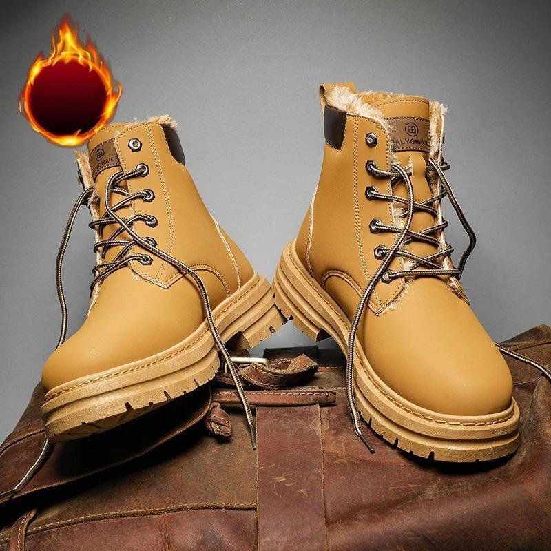 Winter Men's Leather Boots Thickened Warm Work Boots Thick-soled Men's Ankle Boots 2024 High Top Snow Boots New Botas De Hombre