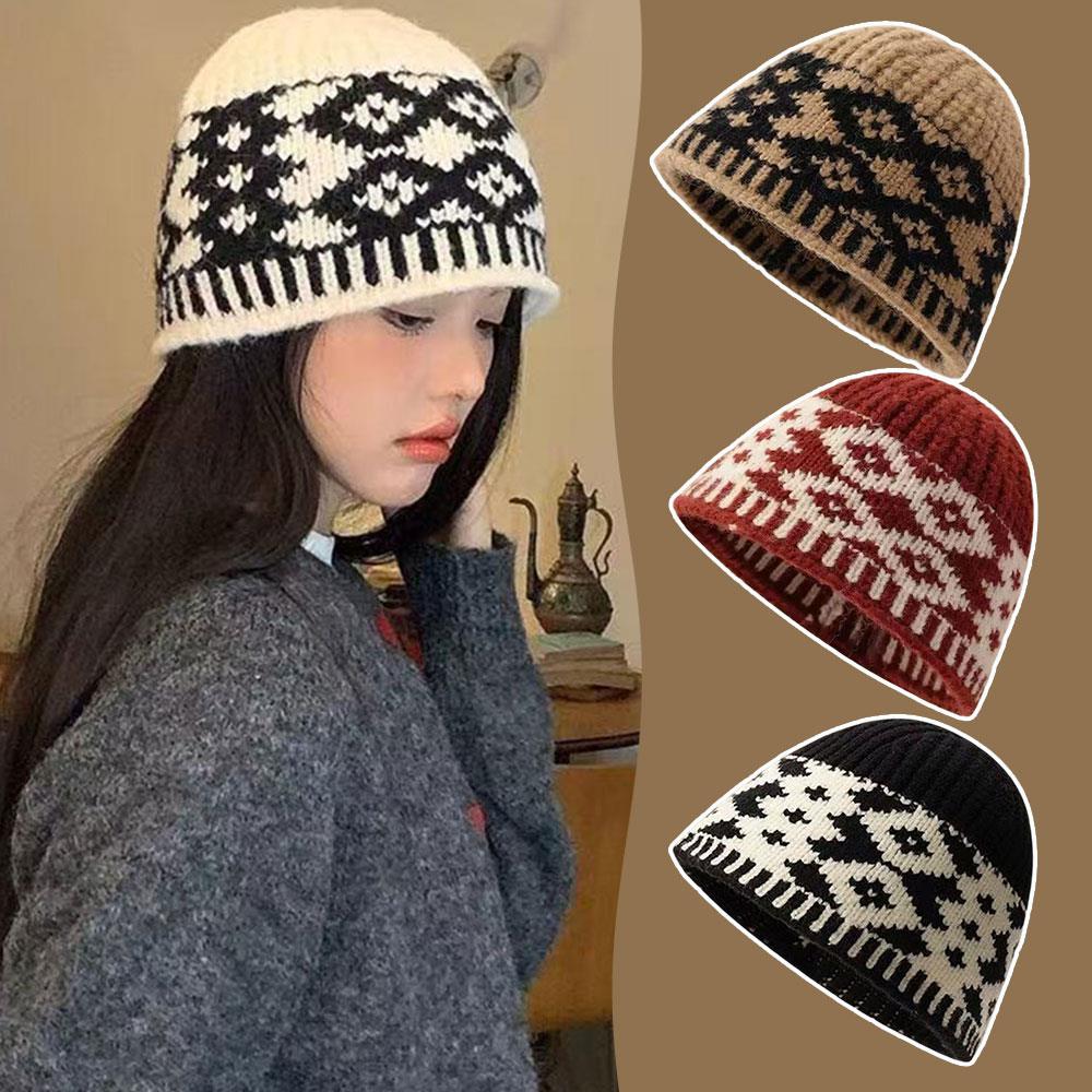Korean Windproof Fisherman Hat Coldproof Warm Knitted Beanie With Ear Protection Retro Diamond Shaped Checkered Pullover Cap