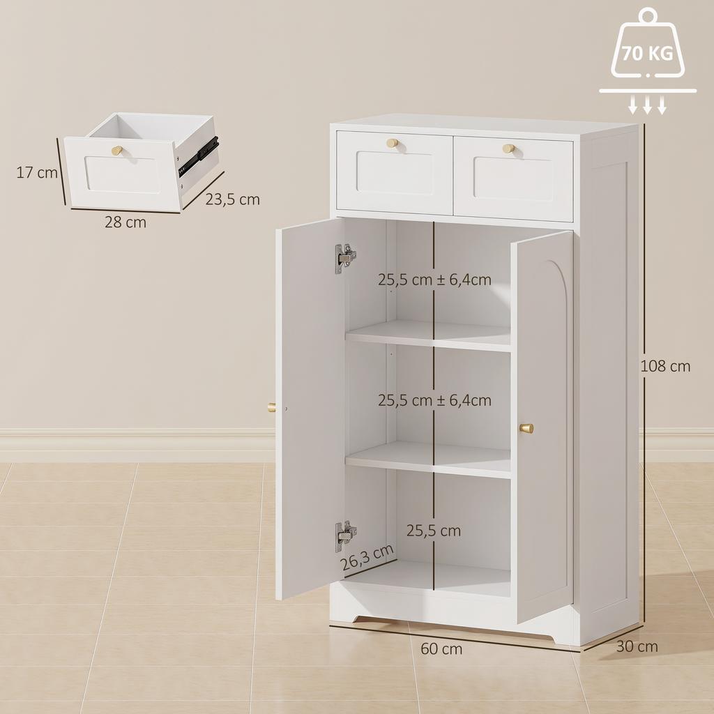 Narrow Bathroom Cabinet with 2 Drawers 60 X 30 X 108 Cm White