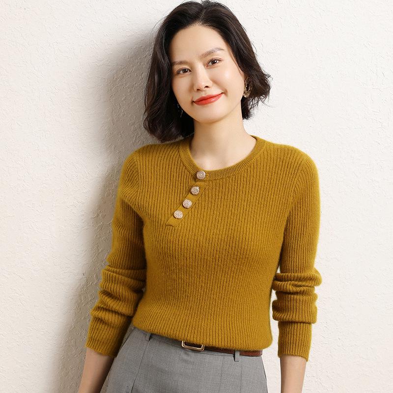Women's Slim Fit Cashmere Sweater - Round Neck Ribbed with Diagonal Buttons, Elegant Knitwear for Autumn and Winter
