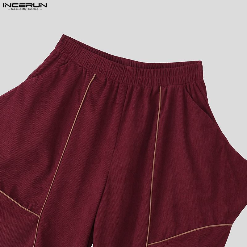INCERUN Men Elastic Waist  Stitching Casual Long Texture Drop-crotch Pants Trousers