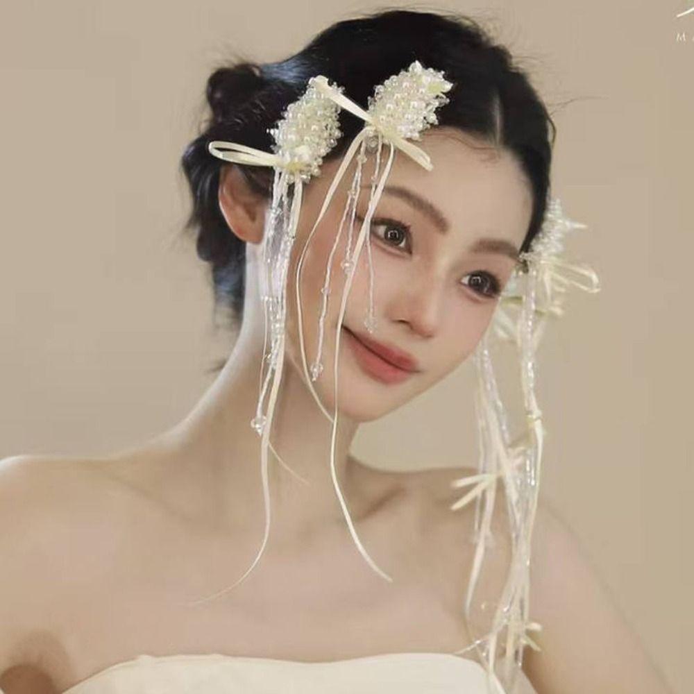 1 Pair White Bridal Hair Clip Pearl Beads Wedding Headdress Bride Hairpin  Wedding Accessories