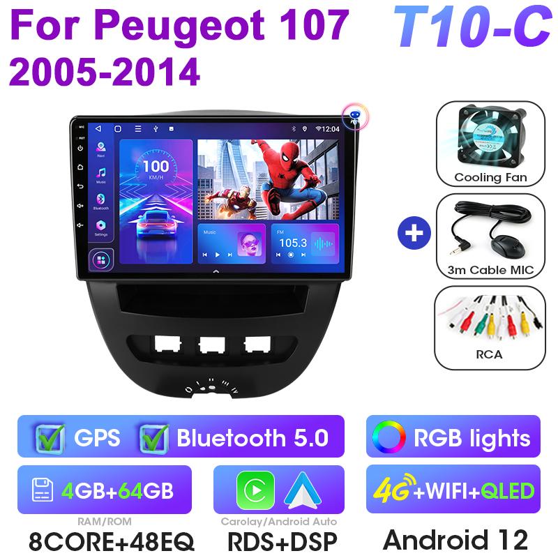 For Peugeot 107 Toyota Aygo Citroen C1 2005 - 2014 2 Din Android 12 Car Stereo Radio Multimedia Video Player GPS 4G Carplay Auto