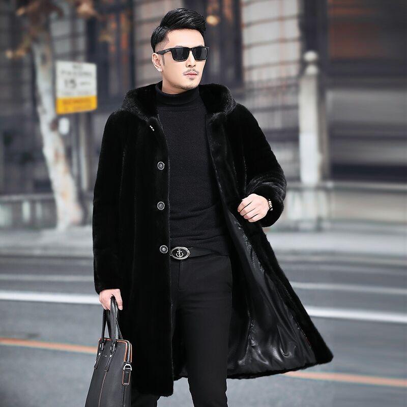 Mink Coat Men's New Mink Hair Warm Whole Mink Long Slim Fit with Hat Fur Casual Fur Jacket