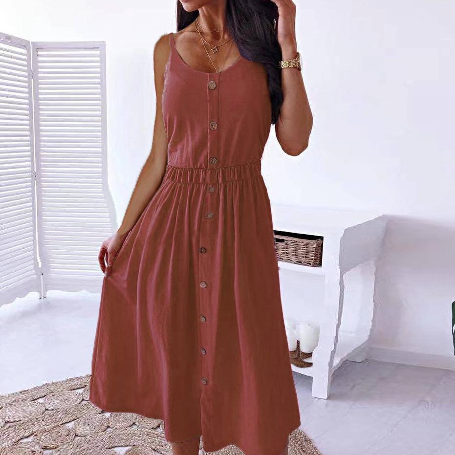 Summer Solid Colour Mid-length Dress Sexy Waist Halter Dress Plus Size Dresses  for Women