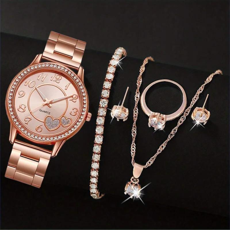 6 Pieces of Fashionable and Versatile Diamond Inlaid Rhinestone WOMEN'S Quartz Steel Band Watch+necklace+earrings+ring+bracelet