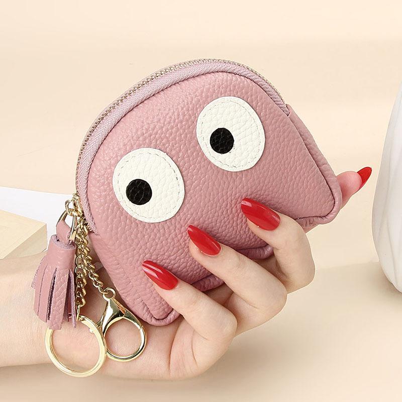 1PC Cute Cartoon Head Layer Cowhide Coin Purse Clutch Mini Creative Zipper Coin Purse Keychain Ladies Coin Purse
