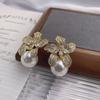 Temperament Flower Imitation Pearl Stud Earrings Women Luxury Inlaid Sparkling CZ Stone Fashion Wedding Bride Jewelry Wholesale
