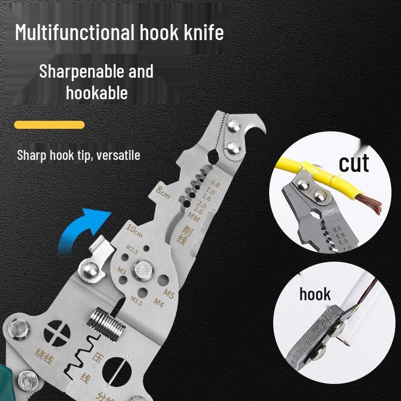 Multifunctional Electrician's Wire Stripper and Cutter: Portable, Foldable Pliers for Skinning, Wrapping, Crimping.