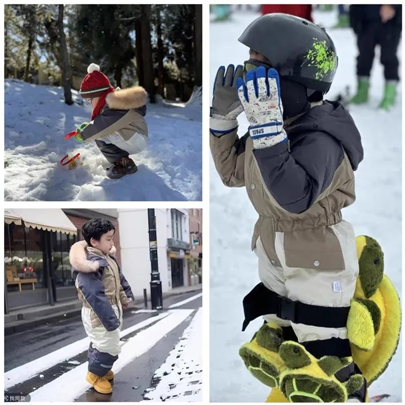 Children Winter Ski Suit Coat Thicken Baby Jumpsuit Warm Children Jacket Waterproof Hooded Kids Baby Clothes 1-5Years