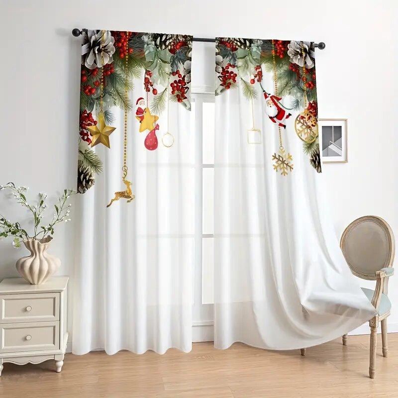 2 Pieces - Christmas atmosphere printed curtains, pole bag curtains, home decoration, room decoration