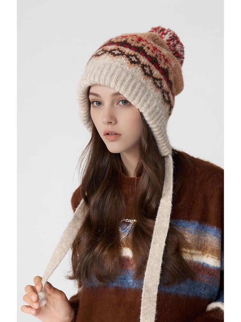 Women's Fair Isle Pompom Knitted Hat - Retro Jacquard Wool with Ear Protection for Winter Warmth