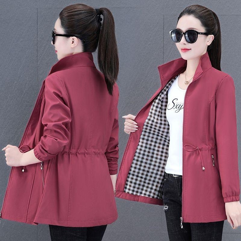 Women's Spring and Autumn Standing Collar Solid Color Jacket Waist Casual Comfortable Windproof Jacket