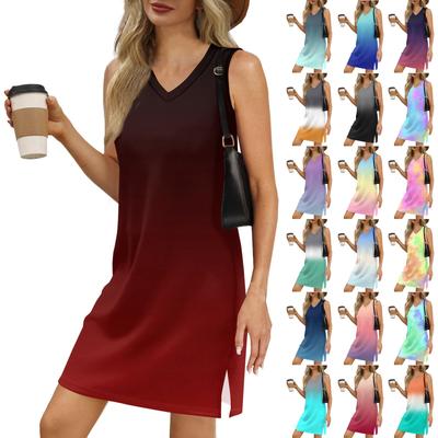 Dámske letné ležérne šaty na pláž s V-výstrihom a bez rukávov, s gradientnou potlačou