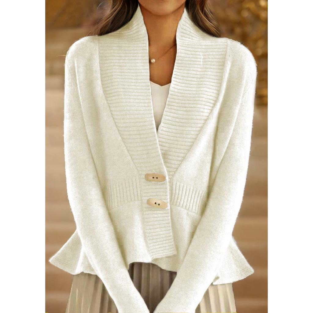 2024 Autumn/Winter Women's Retro Knit V-Neck Cardigan with Ruffle Hem