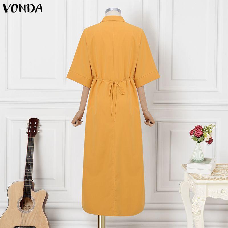 VONDA Women Lapel Neck Long Sleeve Embroidery Hem Casual Long Elegant Shirts Dress