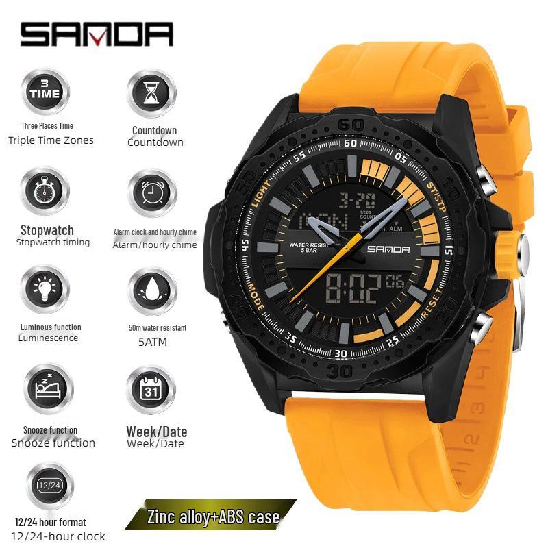 SANDA Multifunctional Outdoor Waterproof Watch with Three-Time Zone and Calendar Features for Students