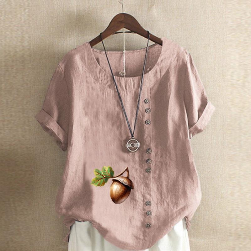 Women's Fashion Stone Hazelnut Prined Round Neck Short Sleeve T-shirt Casual Cotton Linen Graphic Shirt Leisure Loose Summer Blouse Tops