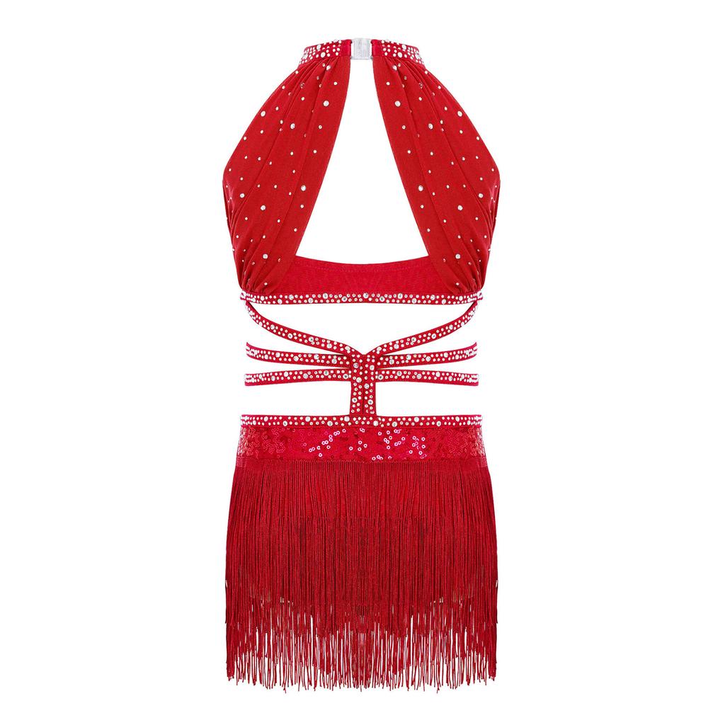 Dziewczęca Sukienka do Tańca Latynoamerykańskiego Bez Rękawów Marszczona Siateczkowa Góra Wycięcie w Talii Paski Błyszczące Frędzle Cyrkonie Płatki Sequins Body