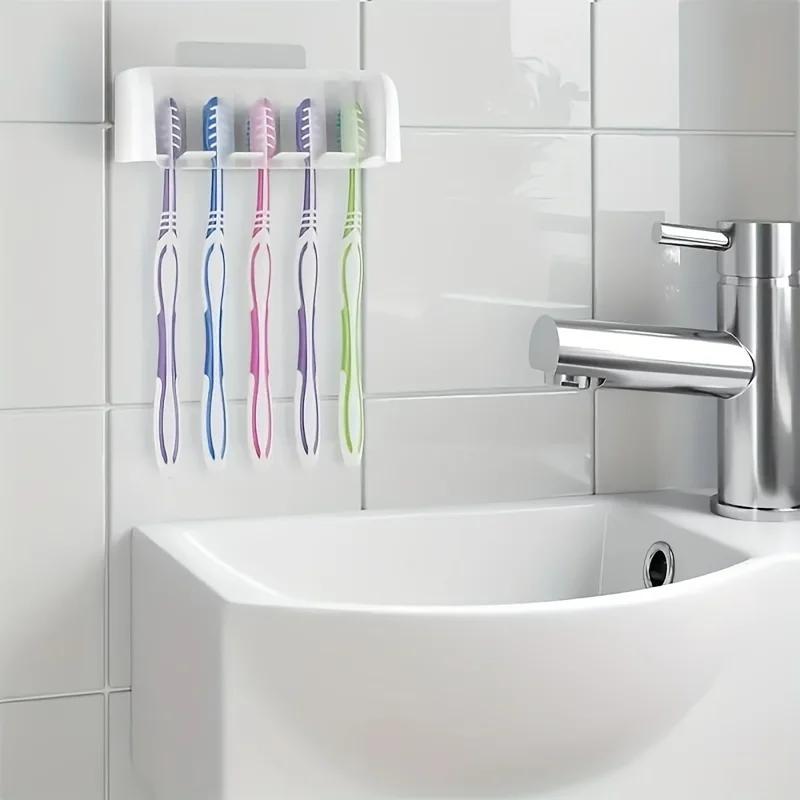 A Covered 5-slot Toothbrush Holder Self-adhesive Wall Toothbrush Storage Rack Plastic Bathroom Supplies