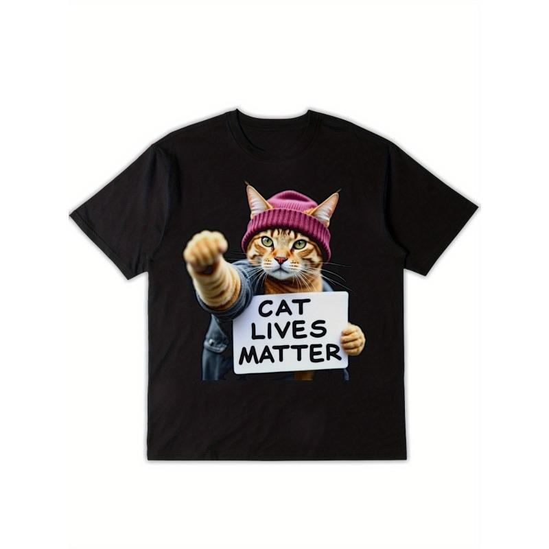 Europäische Größen Herren Vintage Katze & „Cat Lives Matter“ Grafik-T-Shirt - Ausgefranster Druck Rundhals Kurzarm, Robuste Nähte