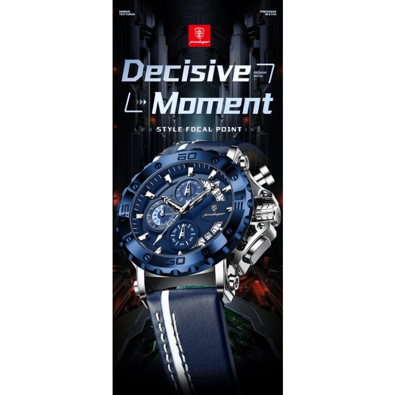 POEDAGAR Sportuhren für Herren Wasserdicht Leuchtend Datum Uhr Chronograph Leder Quarz Funktionell Armbanduhr Reloj