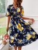Women's Floral Print V-Neck Short Sleeve Elastic Waist A-Line Dress