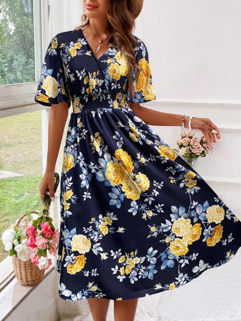 Women's Floral Print V-Neck Short Sleeve Elastic Waist A-Line Dress