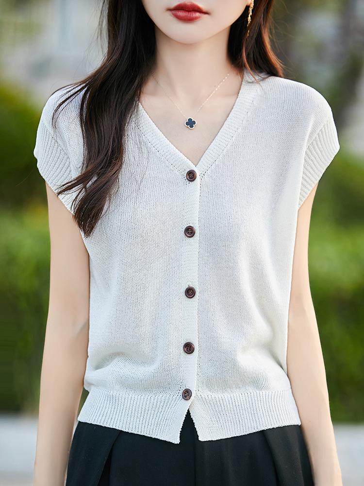 Linen V-neck Knit Cardigan - Women's Short Sleeve, Summer 2026, Solid Color, Loose Fit.