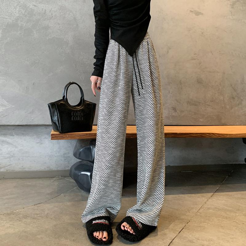 Loose and Casual Knitted Stripe Wide Leg Pants for Women In Spring and Autumn