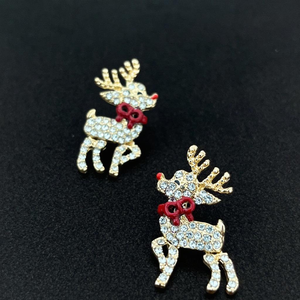 Christmas Reindeer Bow Tie Earrings: Drip Oil & Inlaid Diamonds with Movable Limbs