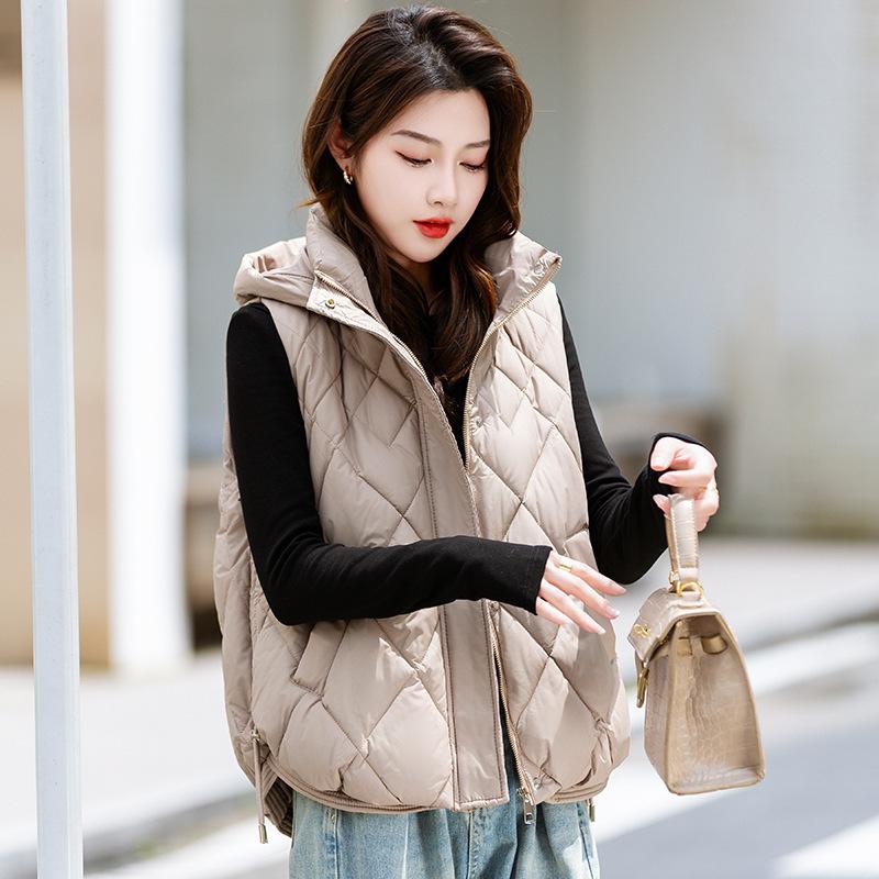Kamizelka w romby damska jesień i zima nowa cienka duży rozmiar wyszczuplająca kamizelka z kapturem puchowa bawełniana kamizelka damska