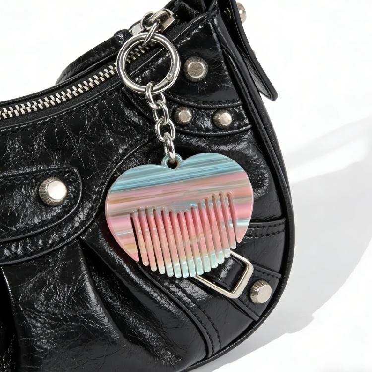 Chic Heart Style Pocket Comb Attached To Key Ring Sturdy Acetate Bag Hanging Ornament For Long Lasting Performances