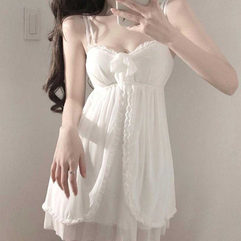 Seductive Sexy Suspender Sex Nightdress Women'S Mesh Lace Nightgown Loungewear With Chest Pad Pajama Set