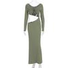 Women Sexy Solid Hollow Out Long Sleeve Slim Fit Seaside Vacation Long Dress