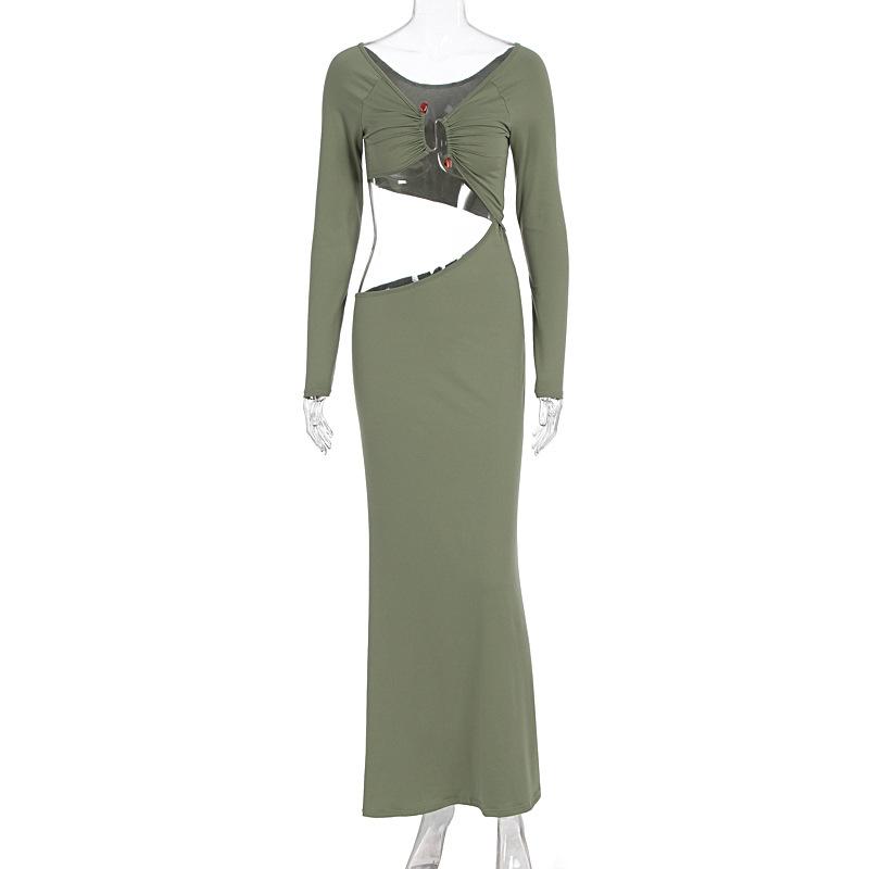 Women Sexy Solid Hollow Out Long Sleeve Slim Fit Seaside Vacation Long Dress