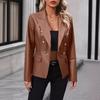 Women's Double Breasted Blazer PU Leather Moto Jacket