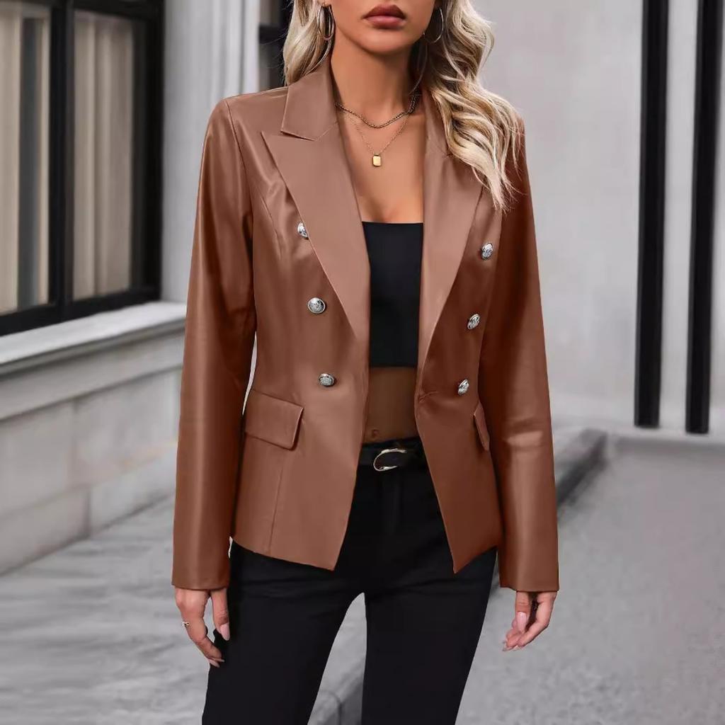 Women's Double Breasted Blazer PU Leather Moto Jacket