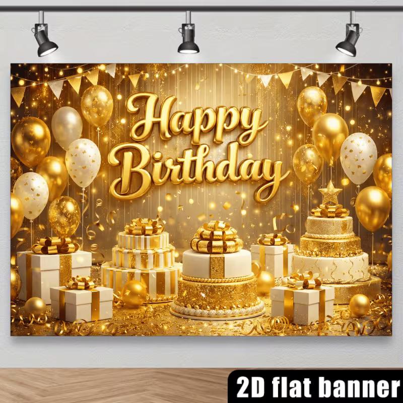 2D Gold Happy Birthday Backdrop Banner Glitter Balloon Cake Party Background Decor