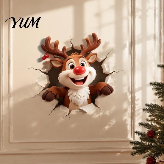Creative Gifts for Friends Christmas Reindeer Wall Decal, 3D Hole Illusion Red Nose Rudolph Sticker, Easy Apply Decals Peel And Stick Waterproof